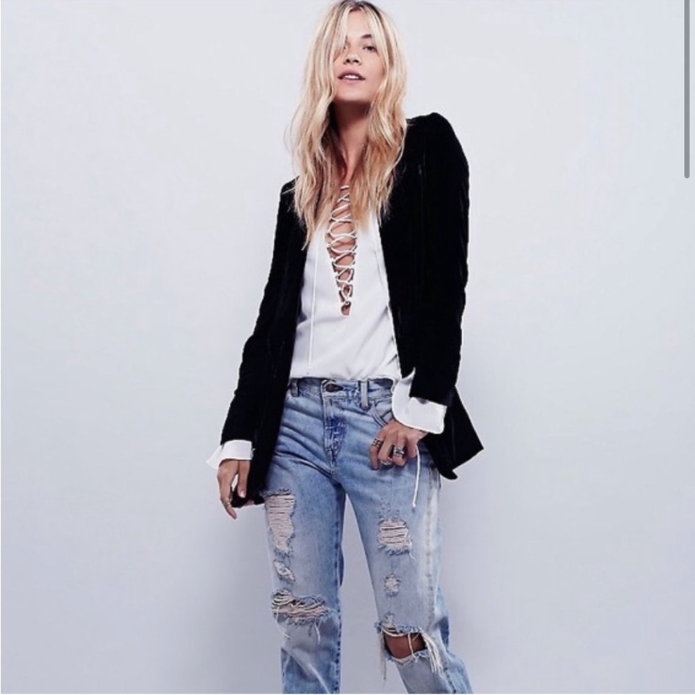 Free people velvet slim fit no closure open blazer smoking jacket long coat
